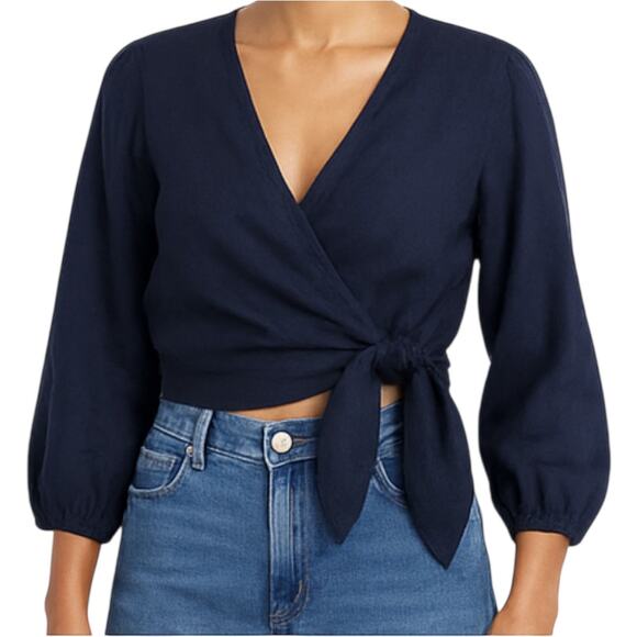 Waimari Linen Wrap Top Cropped Blouse Balloon Sleeve Tie Front Navy Blue XSmall - Picture 1 of 5